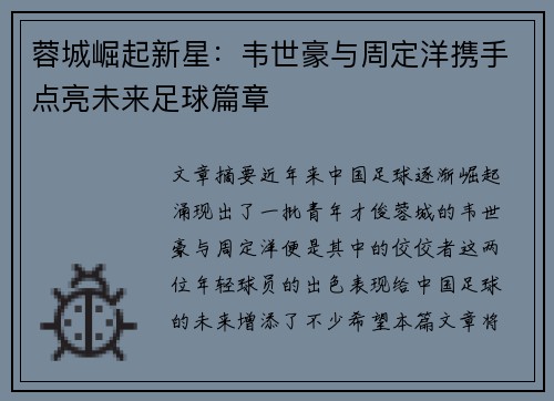 蓉城崛起新星：韦世豪与周定洋携手点亮未来足球篇章